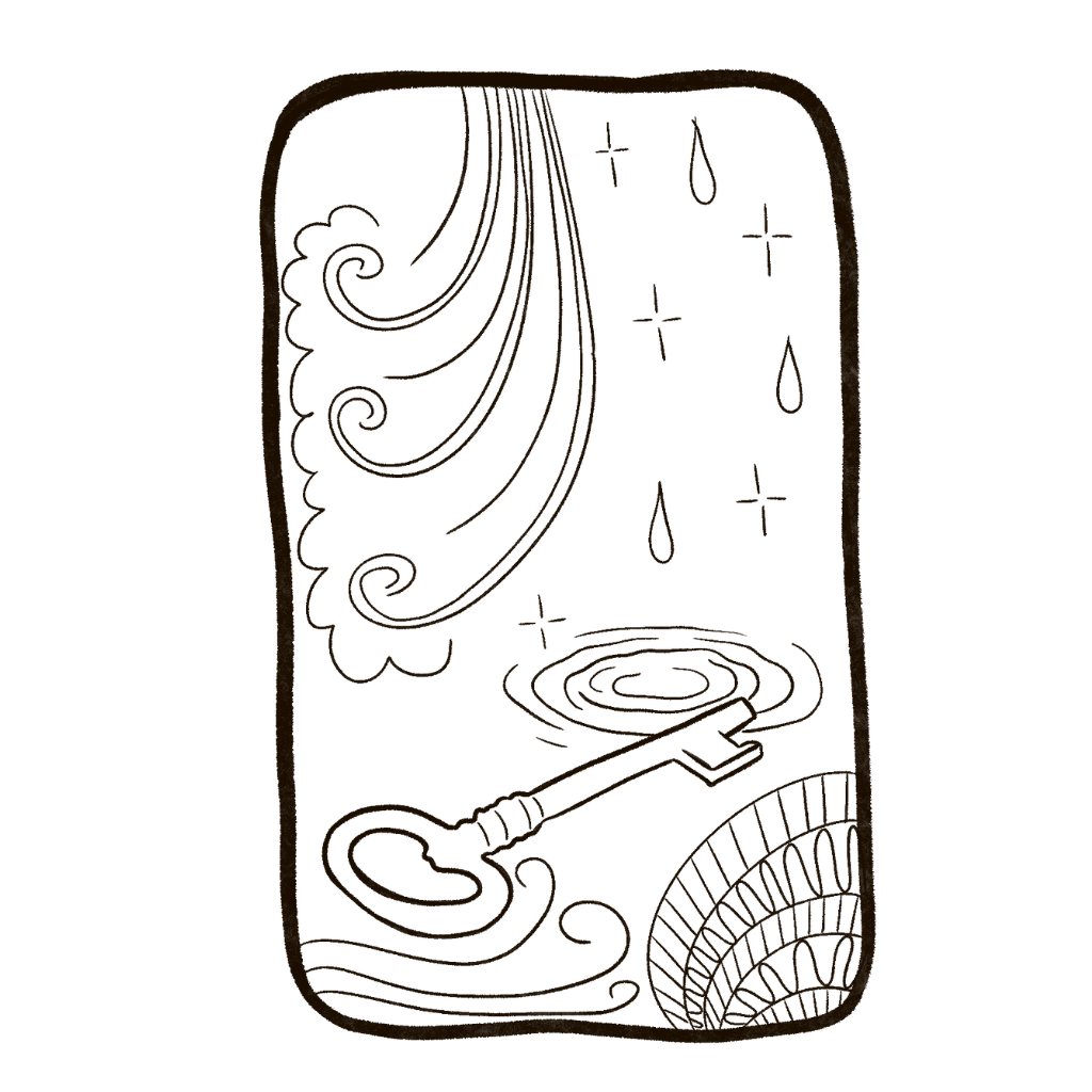 Oracle card with mystical key and flowing elements